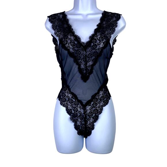 FREDERICKS OF HOLLYWOOD Chloe Black Corset Laced Teddy Sz S/M Sheer Lingerie NWT - Picture 1 of 9